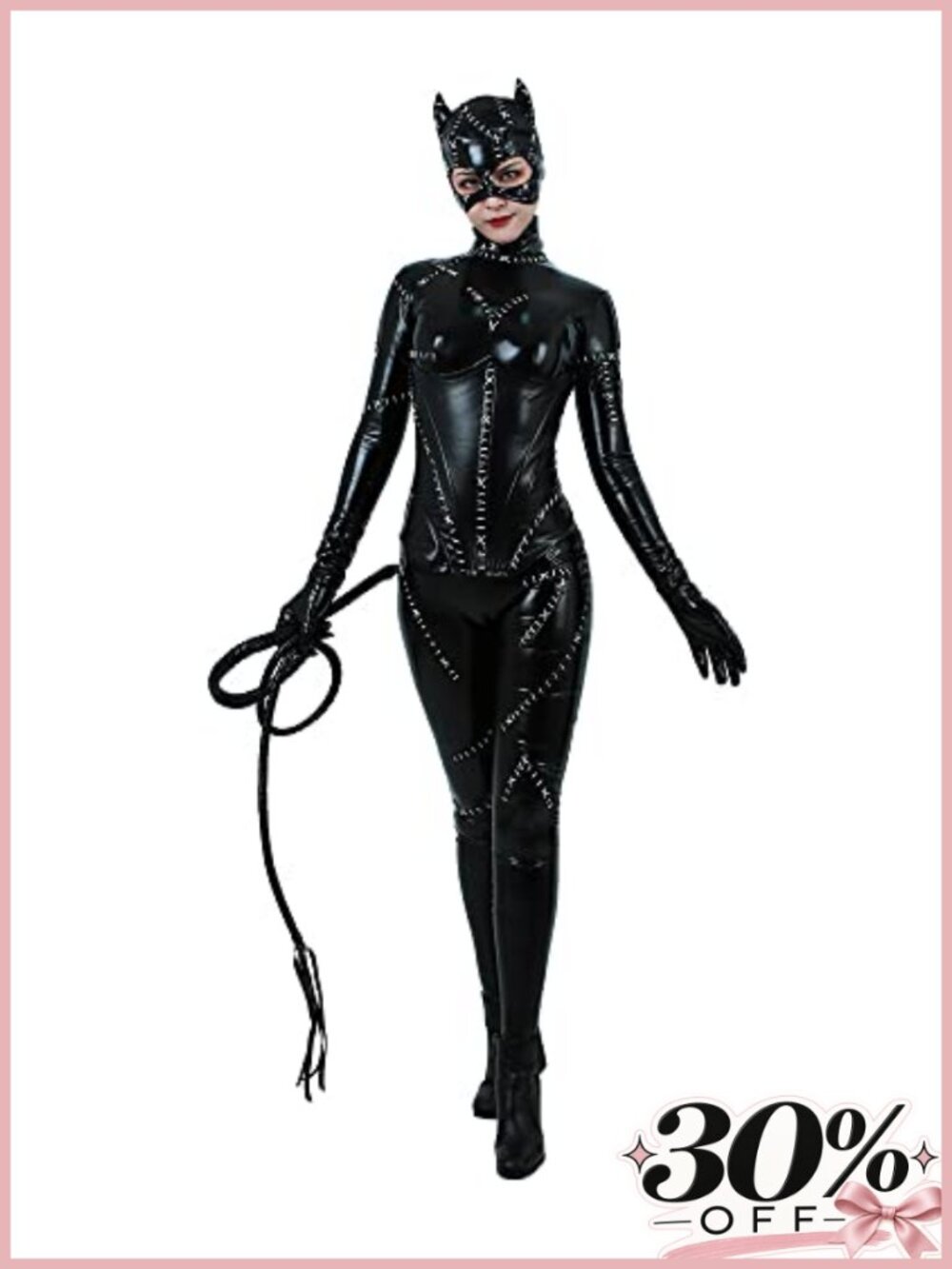 Cat Costume Fullbody Catsuit Corset Lace-Up Removable Gloves Mask Whip